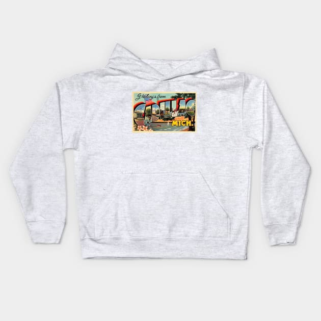 Greetings from Cadillac, Michigan - Vintage Large Letter Postcard Kids Hoodie by Naves